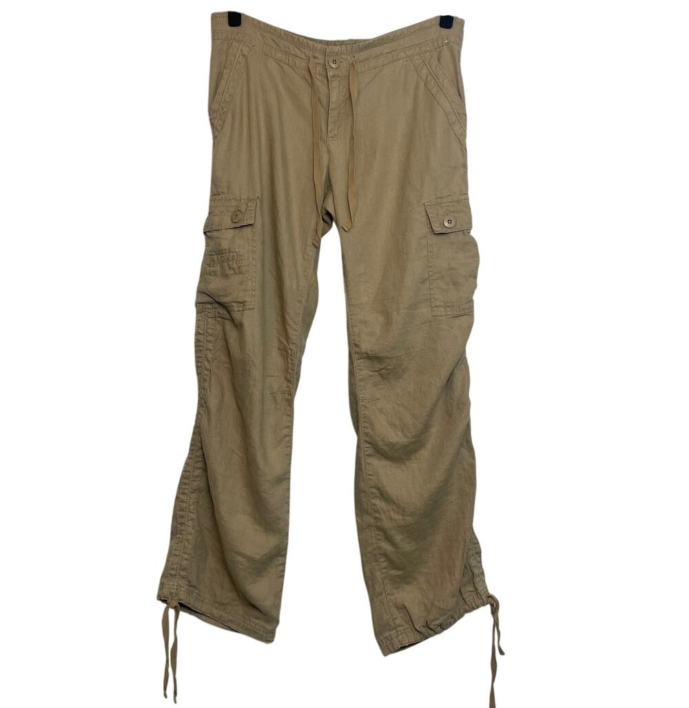 Old Navy Y2K Khaki Cargo Pants 100% Linen Low Rise Baggy Utility Gorpcore Sz 12